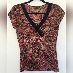 Vintage 90s Y2K Agenda Red, Black & Gold Floral Print Cap Sleeve  Blouse
